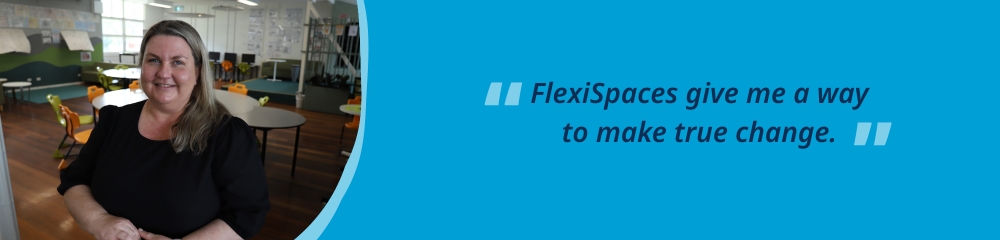 Jacinta stands in a blue shirt beside a quote with a blue background, conveying an inspiring message ‘Flexispaces gives me a way to make true change’