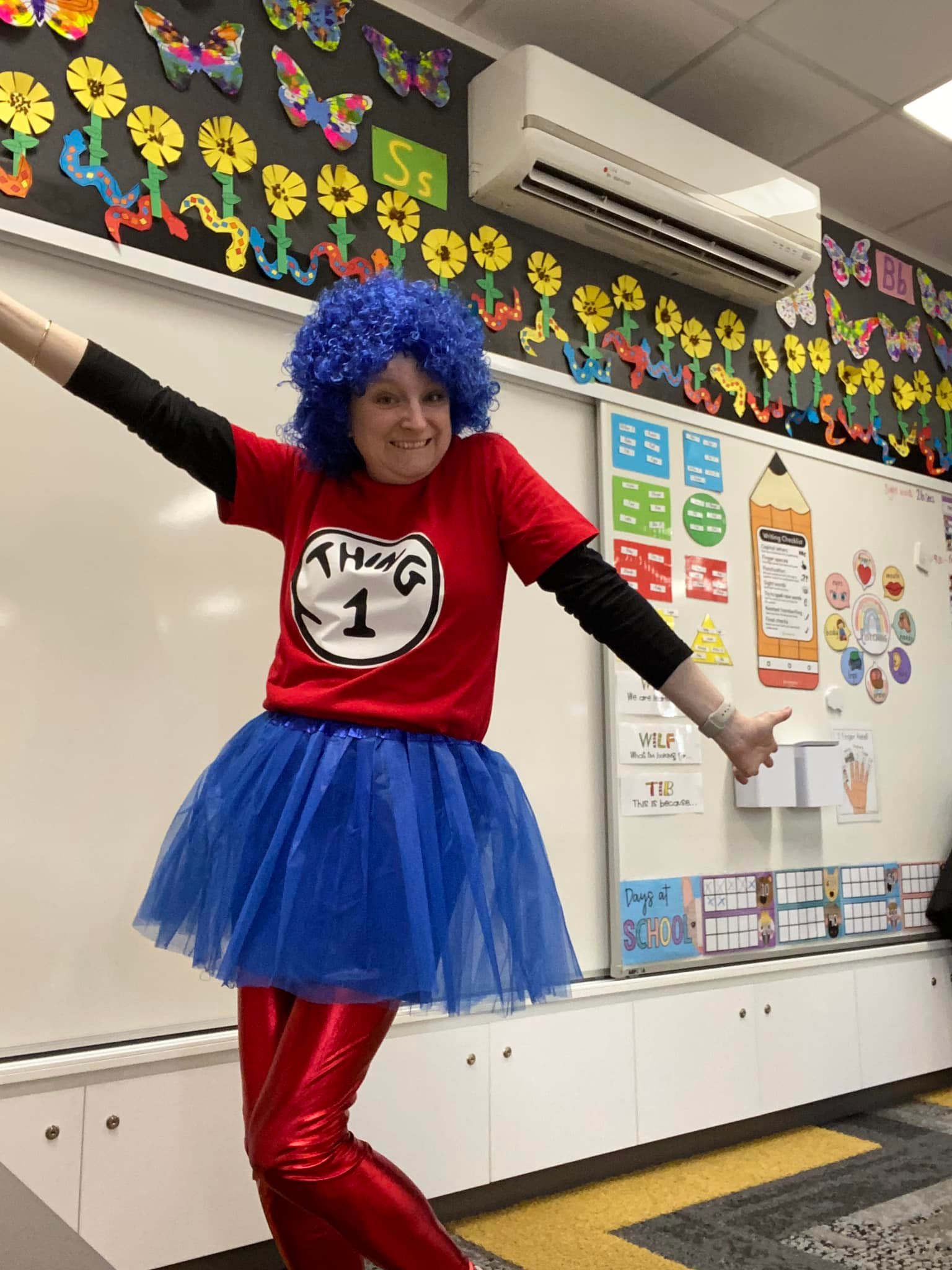 Photo of Belinda dressed up for Book Week as Thing 1 from Dr Seuss.