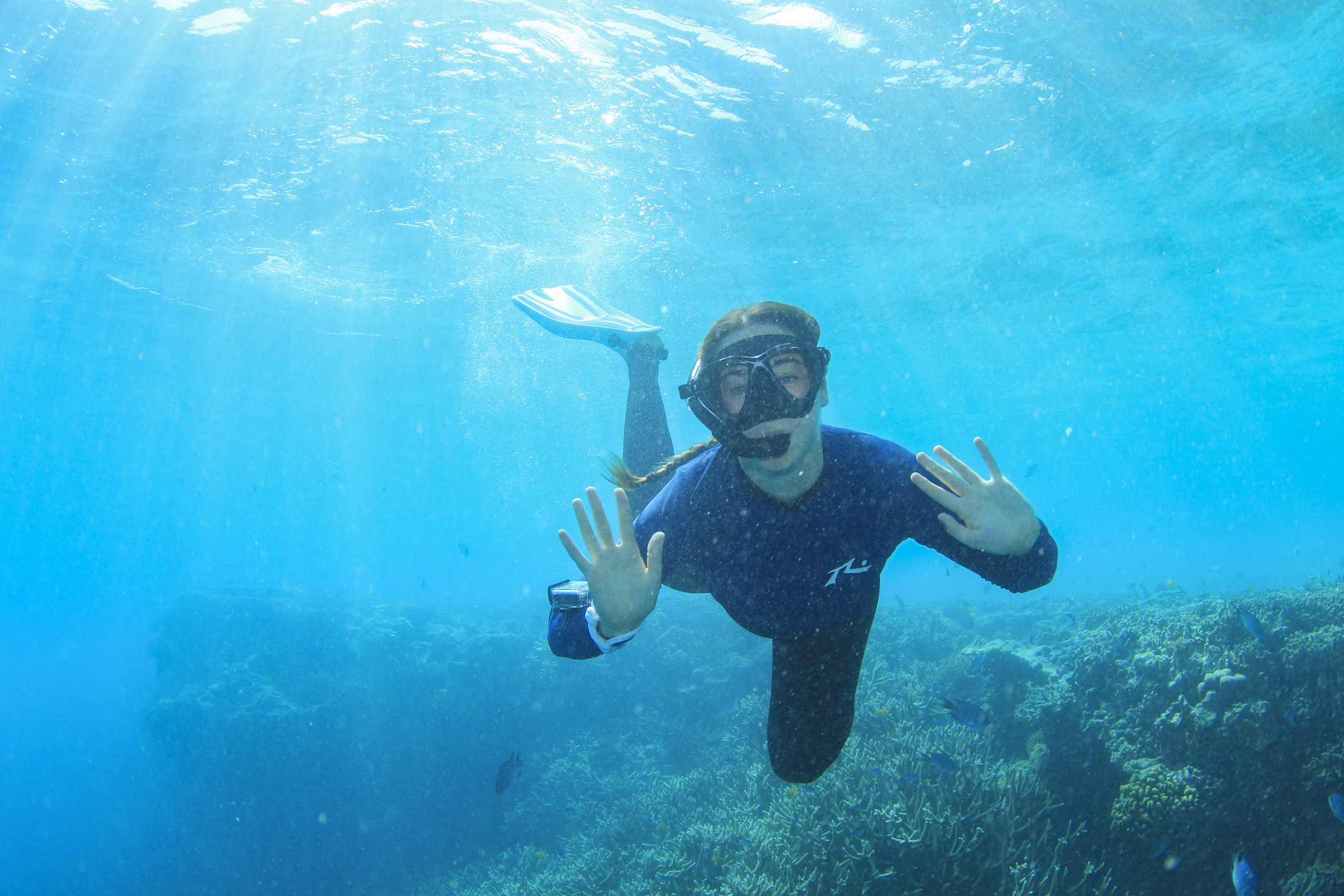 Photo of Jess snorkelling. She is waving at the camera, surrounded by blue water and coral in the lower third of the image.