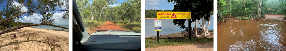A view of a sandy beach and calm ocean, framed by a large tree branch hanging over the sand with a purple shoe tied to it; The view from the passenger seat of a 4 wheel drive driving along a long, straight, red dirt road surrounded by dense green forest; A yellow warning sign on a beach, cautioning that crocodiles inhabit the area and attacks may cause injury or death; A vehicle's view of a deep brown, murky creek in a forested area.