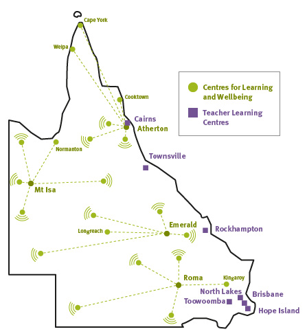 Map which shows Centres for Learning and Wellbeing and Teacher Learning Centres in Queensland