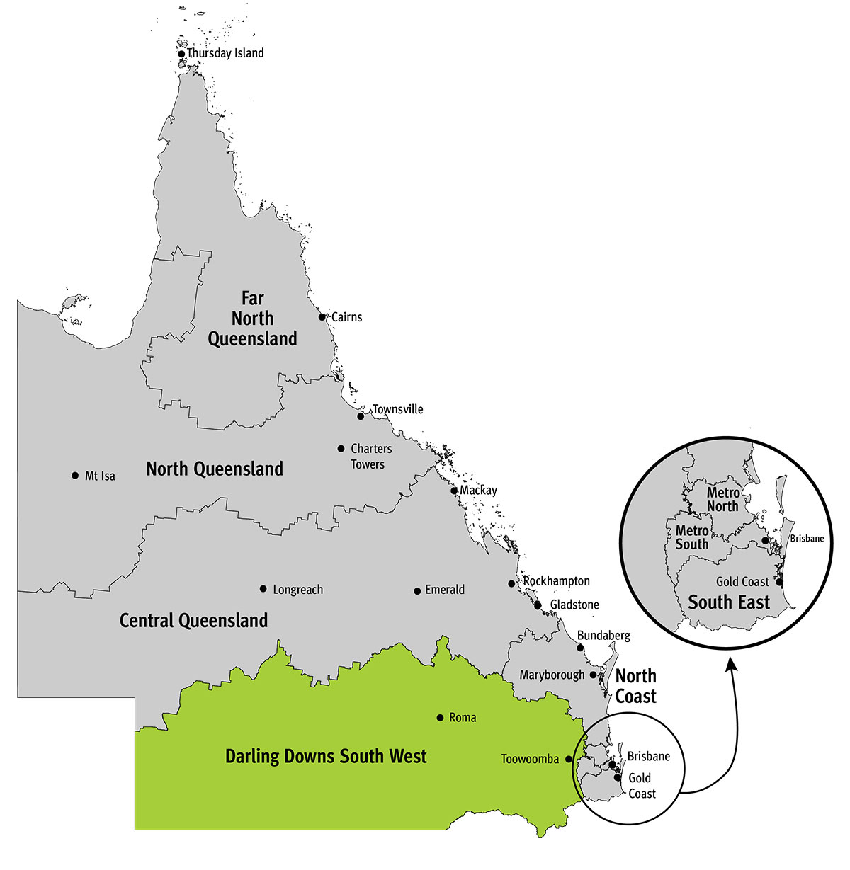 Queensland map with Darling Downs South West region highlighted. Roma and Toowoomba are included in this region.