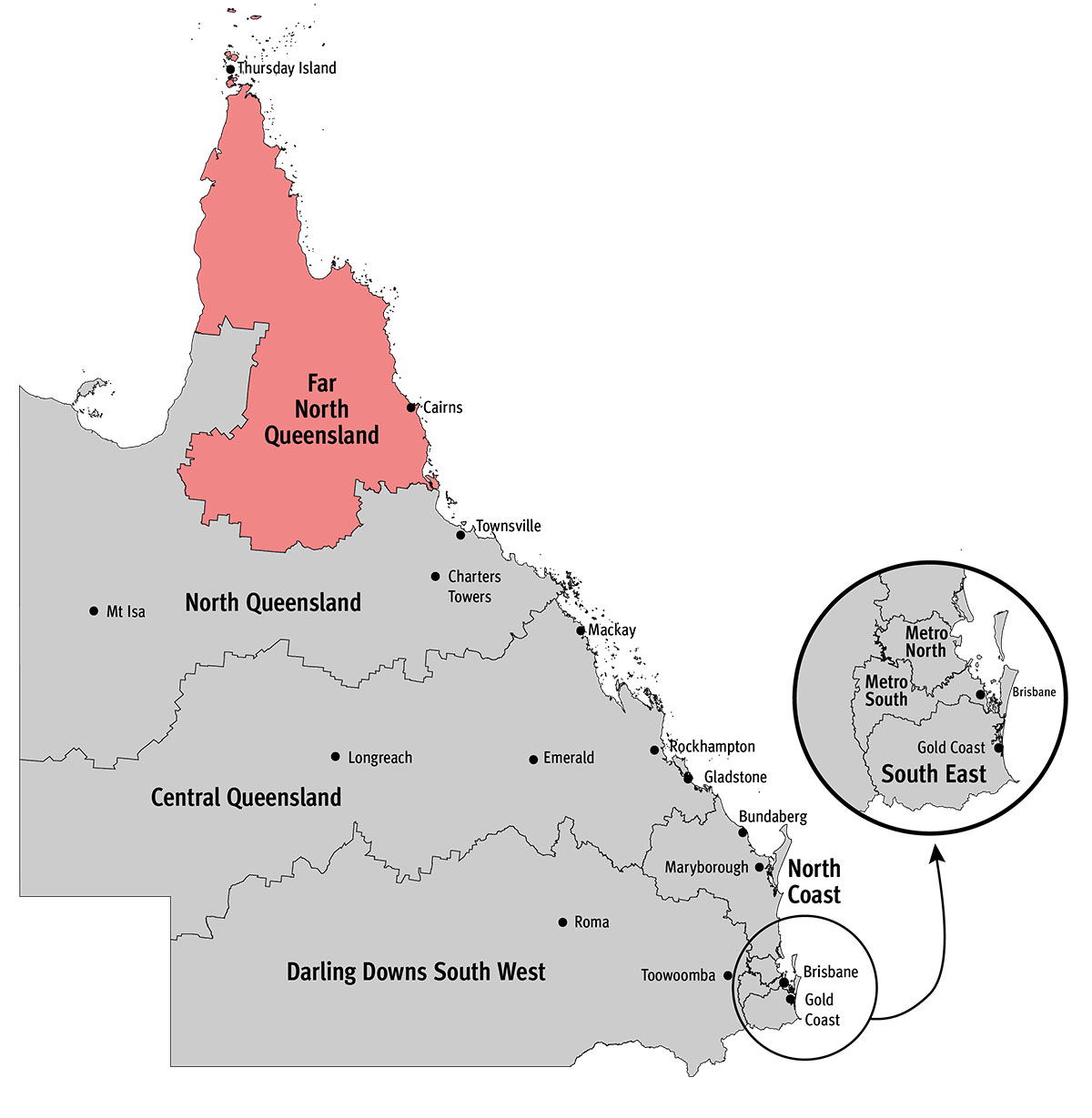 Queensland map with Far North Queensland region highlighted. Thursday Island and Cairns are included in this region.