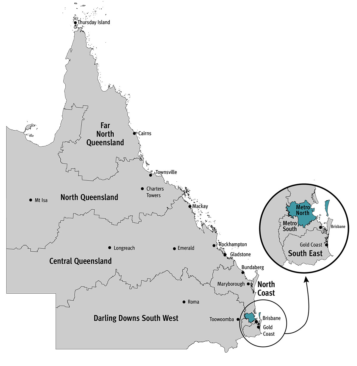 Queensland map with Metro North region highlighted