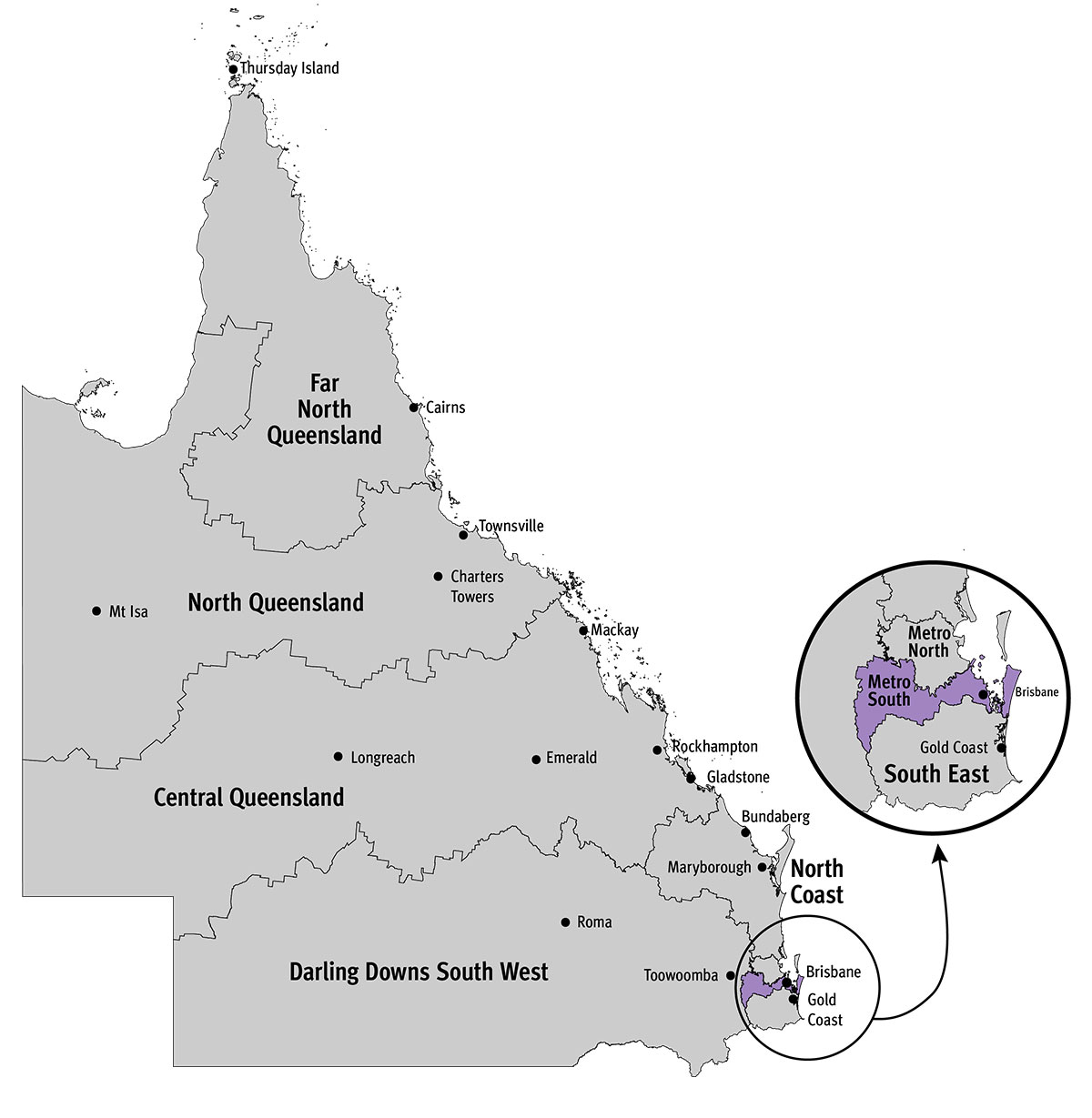Queensland map with Metro South region highlighted. Brisbane is included in this region.
