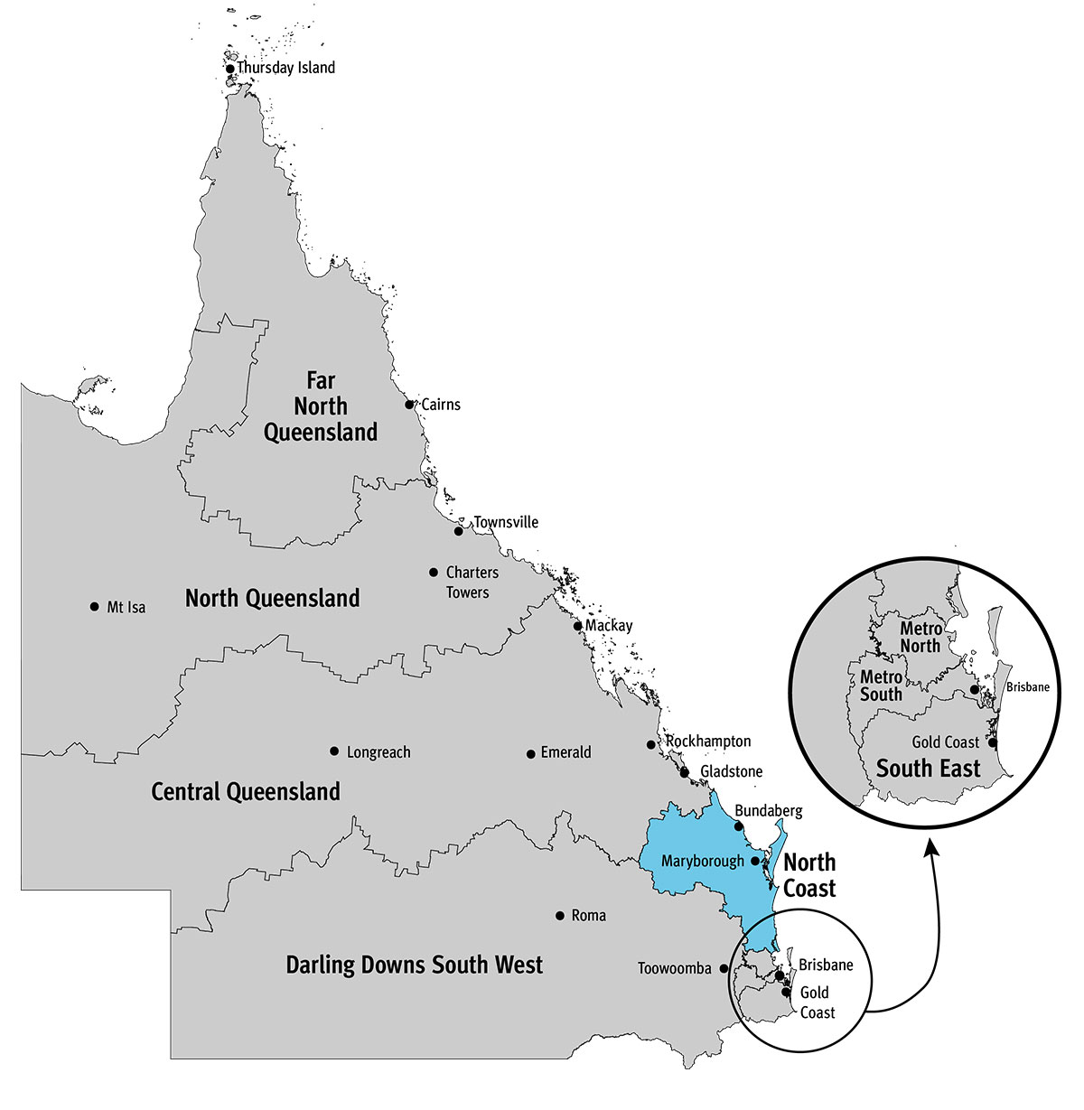 Queensland map with North Coast region highlighted. Bundaberg and Maryborough are included in this region.