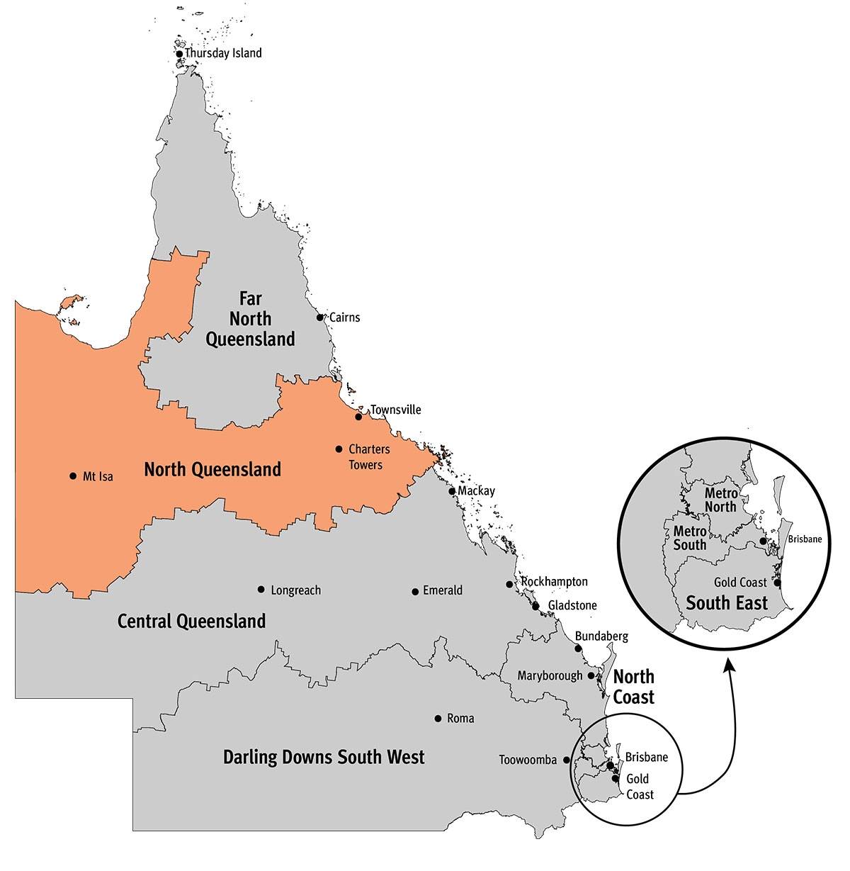 Queensland map with North Queensland region highlighted. Townsville, Charters Towers and Mt Isa are included in this region.