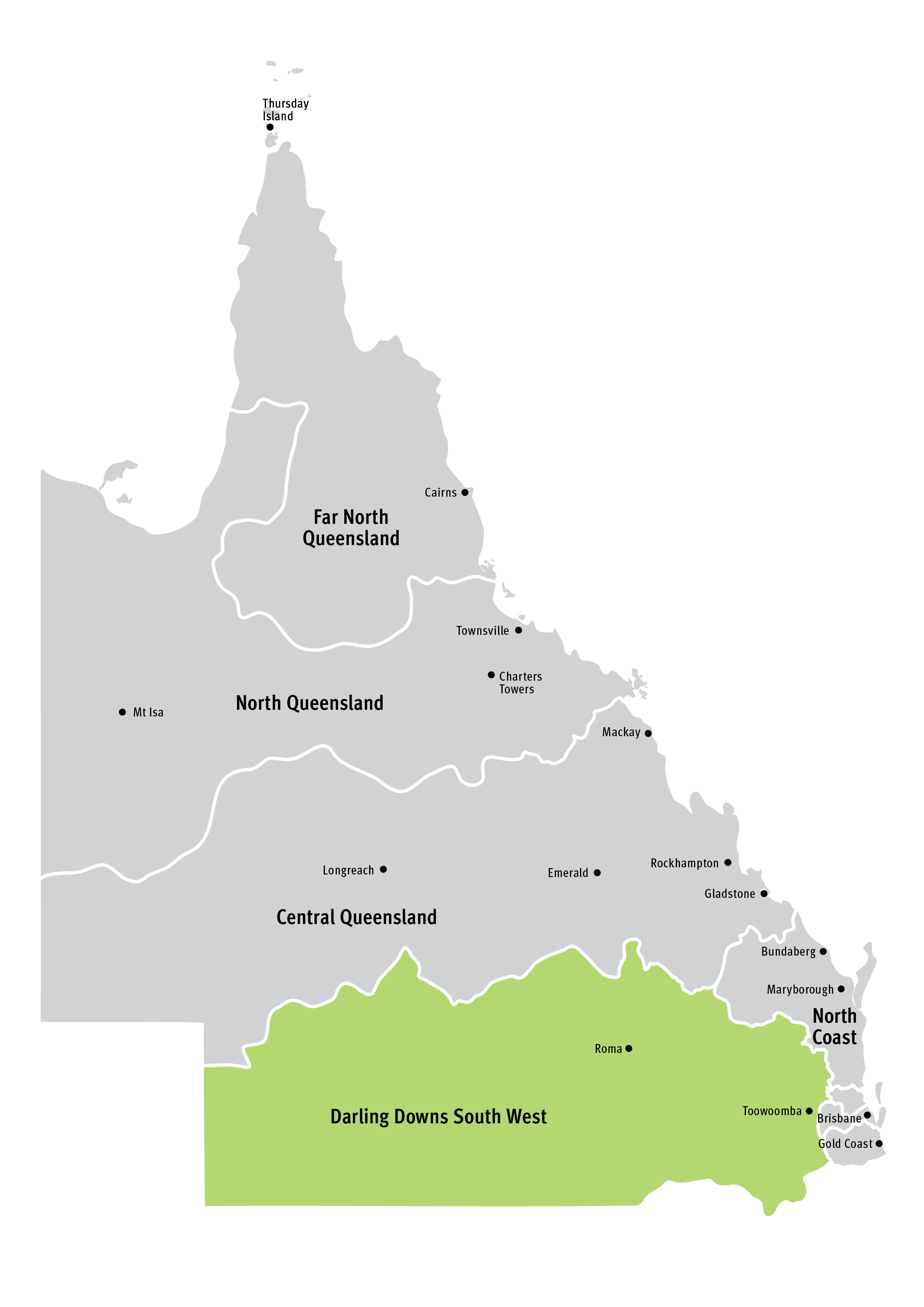 A map of Queensland highlighting the Darling Downs South West region alongside the seven other regions. Darling Downs South West is the towards the Southern end of the state, spanning towards the Western side.
