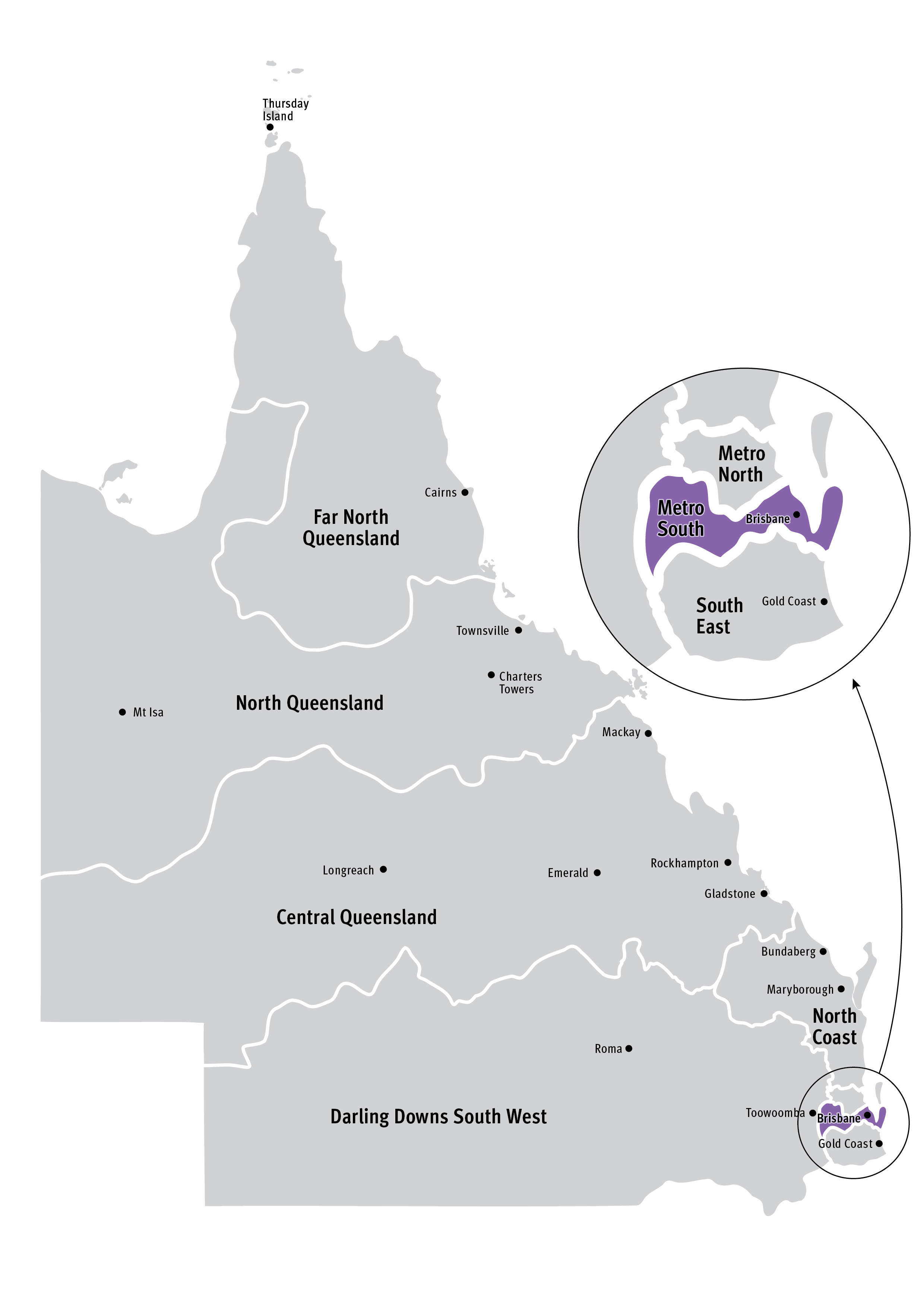 A map of Queensland highlighting the Metropolitan South region in the South East corner of the state, alongside the seven other regions. The Metropolitan South region is in a cluster alongside the Metropolitan North and South East regions.